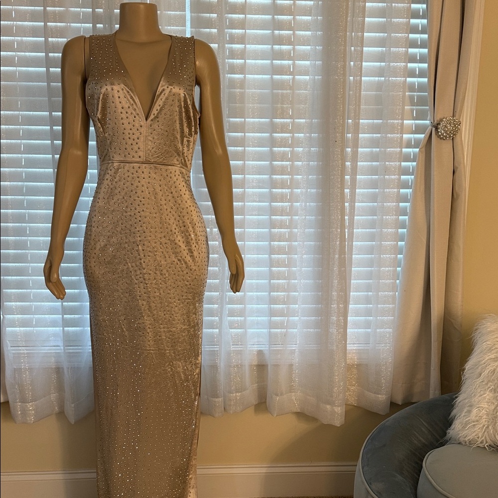 Elegant Champagne/Sliver studs Evening Dress with slit right side